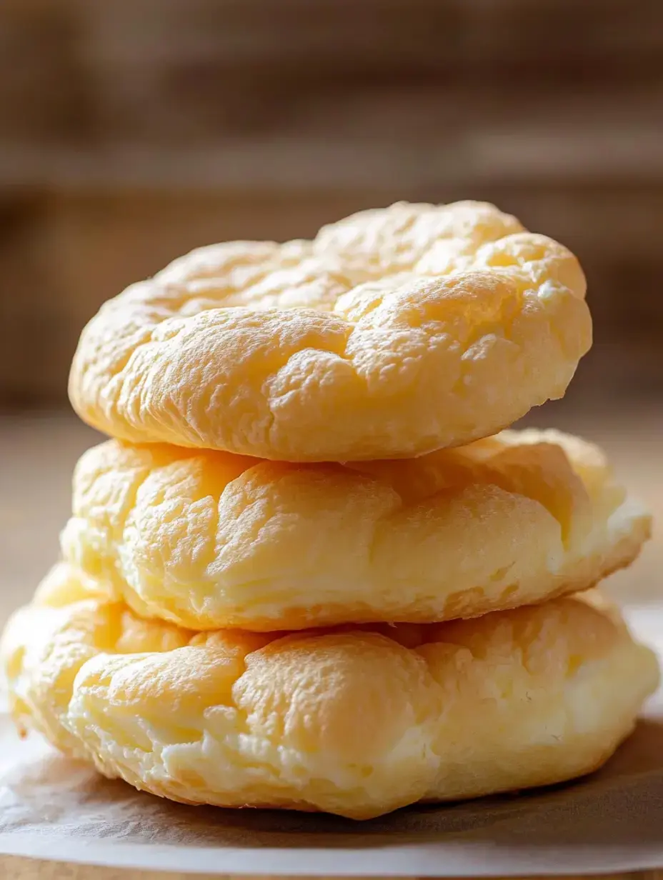 Ein Stapel von drei fluffigen, goldbraunen Käsekuchen auf einem Teller.