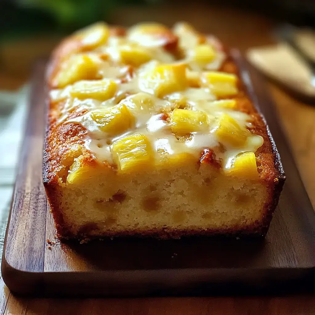 Ein fluffiger Kuchen mit Ananasstücken und glänzender Glasur, auf einem Holzbrett angerichtet.