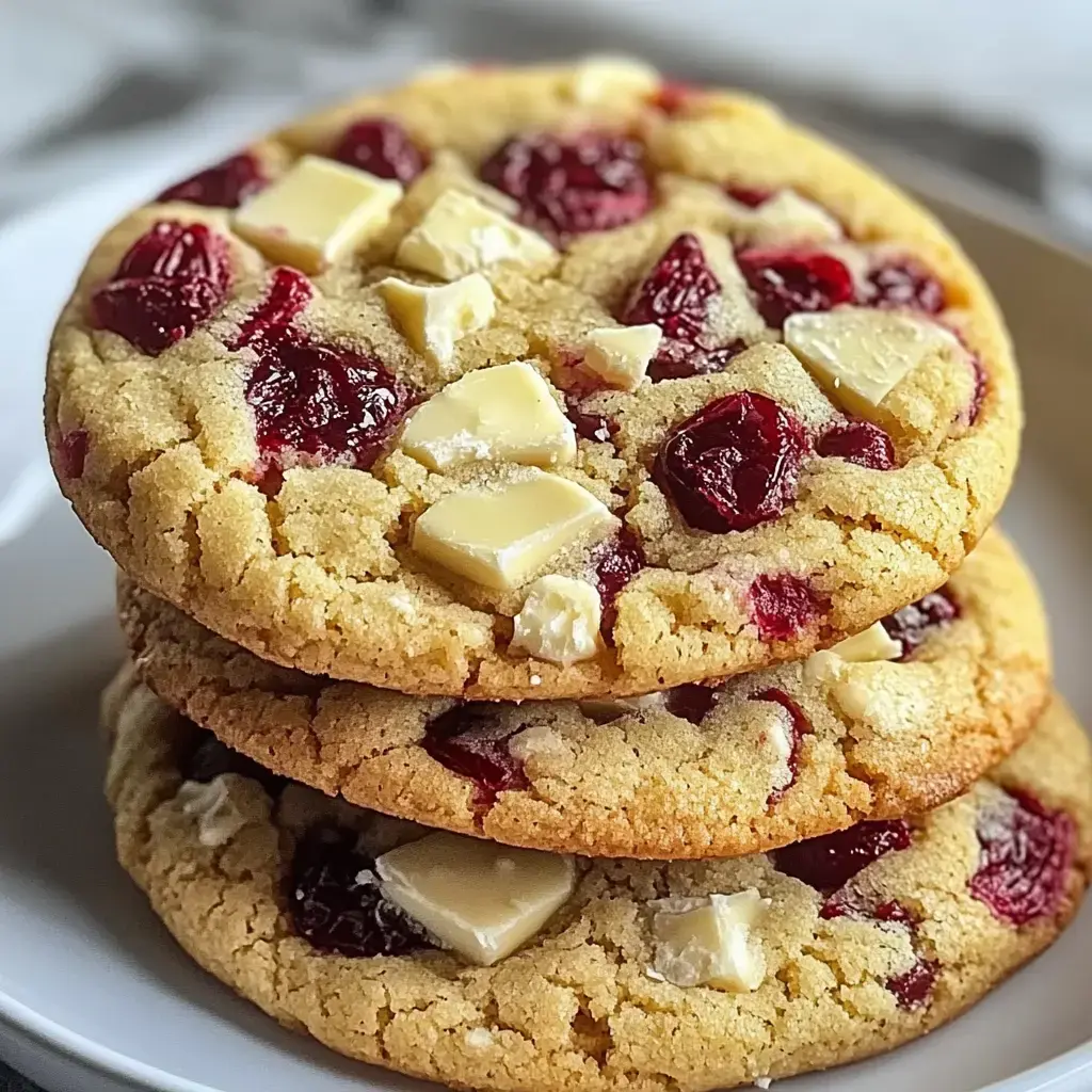 Ein kleiner Keksturm mit großen weißen Schokoladenstücken und frischen roten Beeren, angerichtet auf einem weißen Teller.