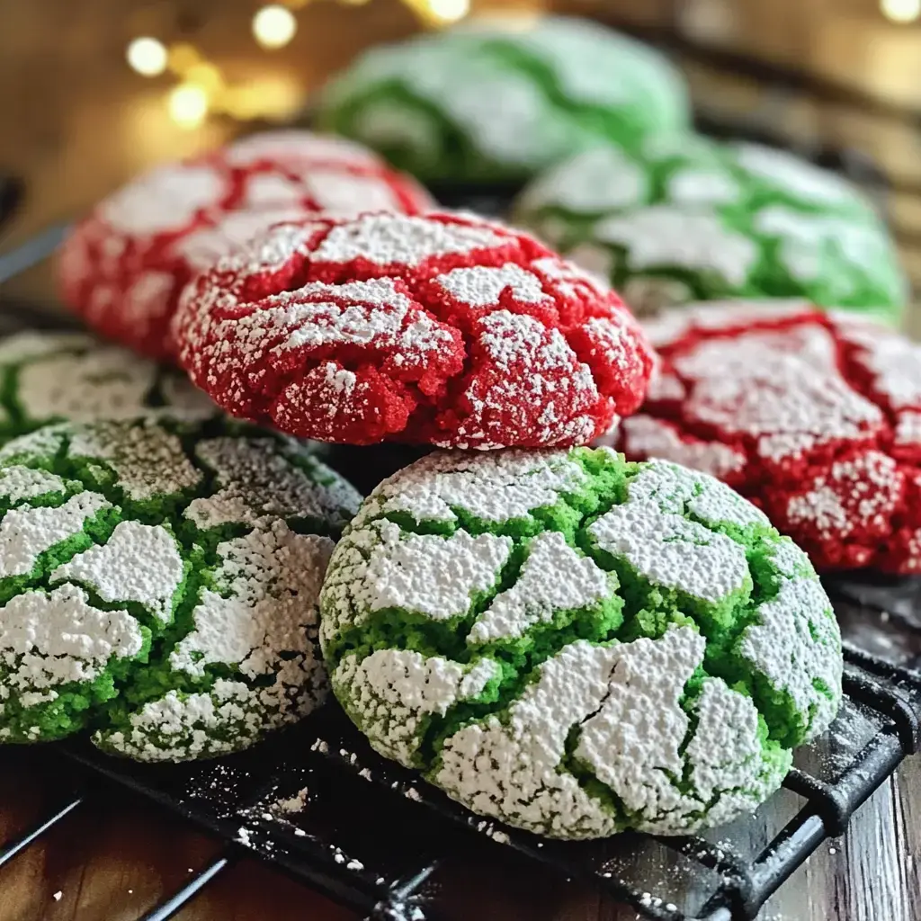 Ein knackig buntes Durcheinander aus roten, grünen und weißen Cookies mit Puderzucker auf einem Gitter.