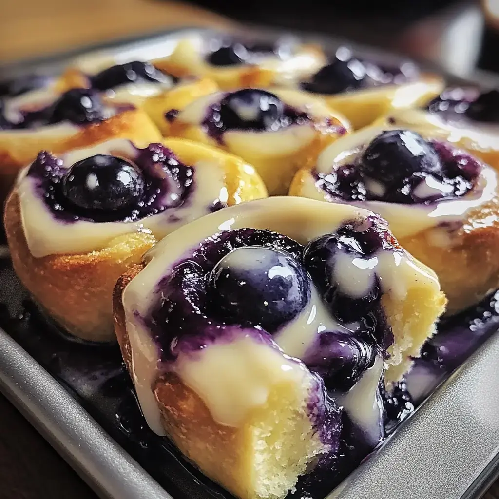 Ganz nah dran: Frisch gebackene Blaubeer-Hörnchen mit dicker Creme und glänzender Blaubeersoße obendrauf.