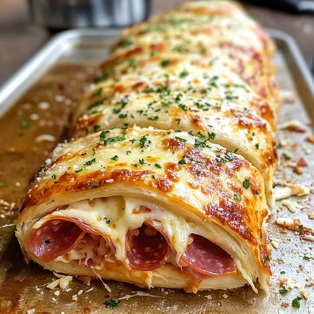 Ein herrlich gebackener Teigwickel mit goldener Käseschicht und Petersilie obenauf, innen erkennst du feurige Peperoni und viel Käse.