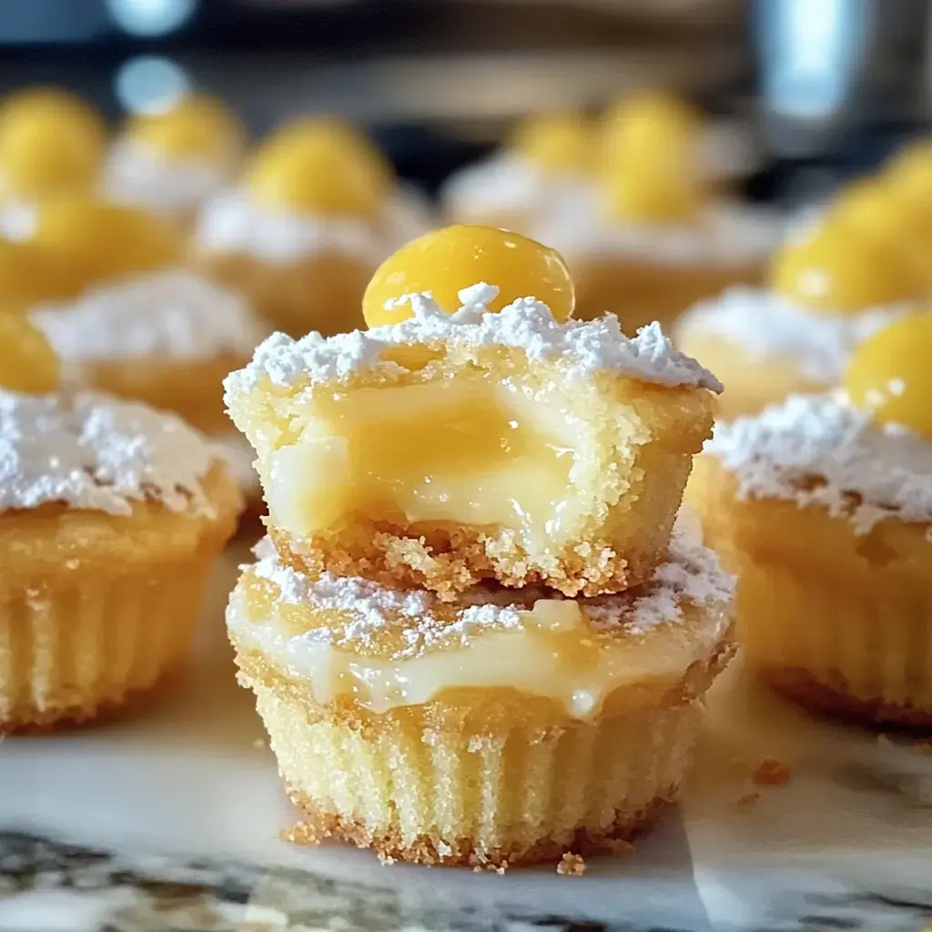 Nahaufnahme von mit Zitronencreme gefüllten Muffins, mit Puderzucker und gelbem Bonbon getoppt. Ein Muffin wurde halbiert, damit man die cremige Füllung sieht.
