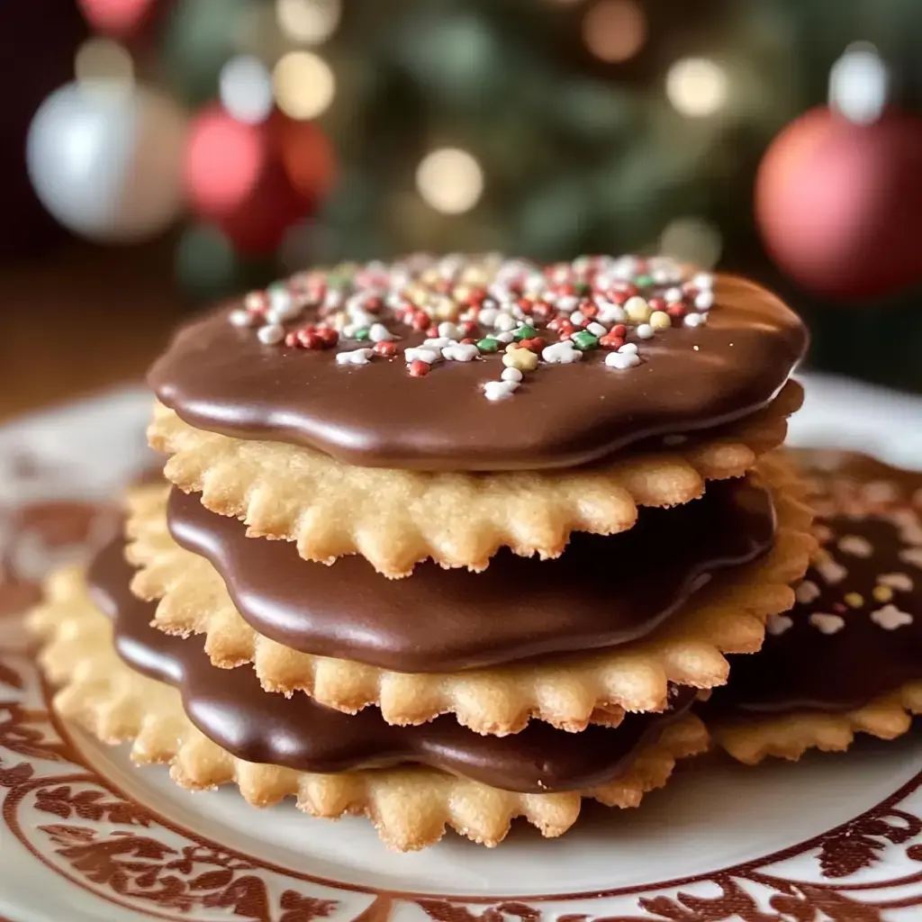 Ein Stapel schokoladenüberzogene Plätzchen mit bunten Streuseln liegt auf einem schönen Teller vor unscharfer festlicher Kulisse.