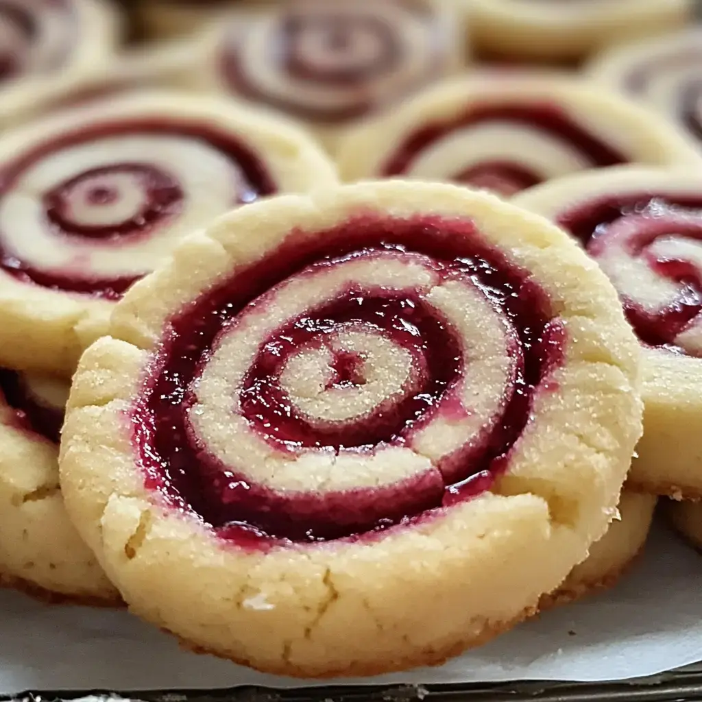 Nahaufnahme von gedrehten Plätzchen mit leuchtender Marmeladenmitte.