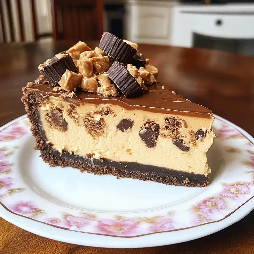 Ein Stück gebackener Käsekuchen mit Schokoladenguss, Erdnüssen und Schokoladenstückchen, serviert auf einem geblümten Teller.