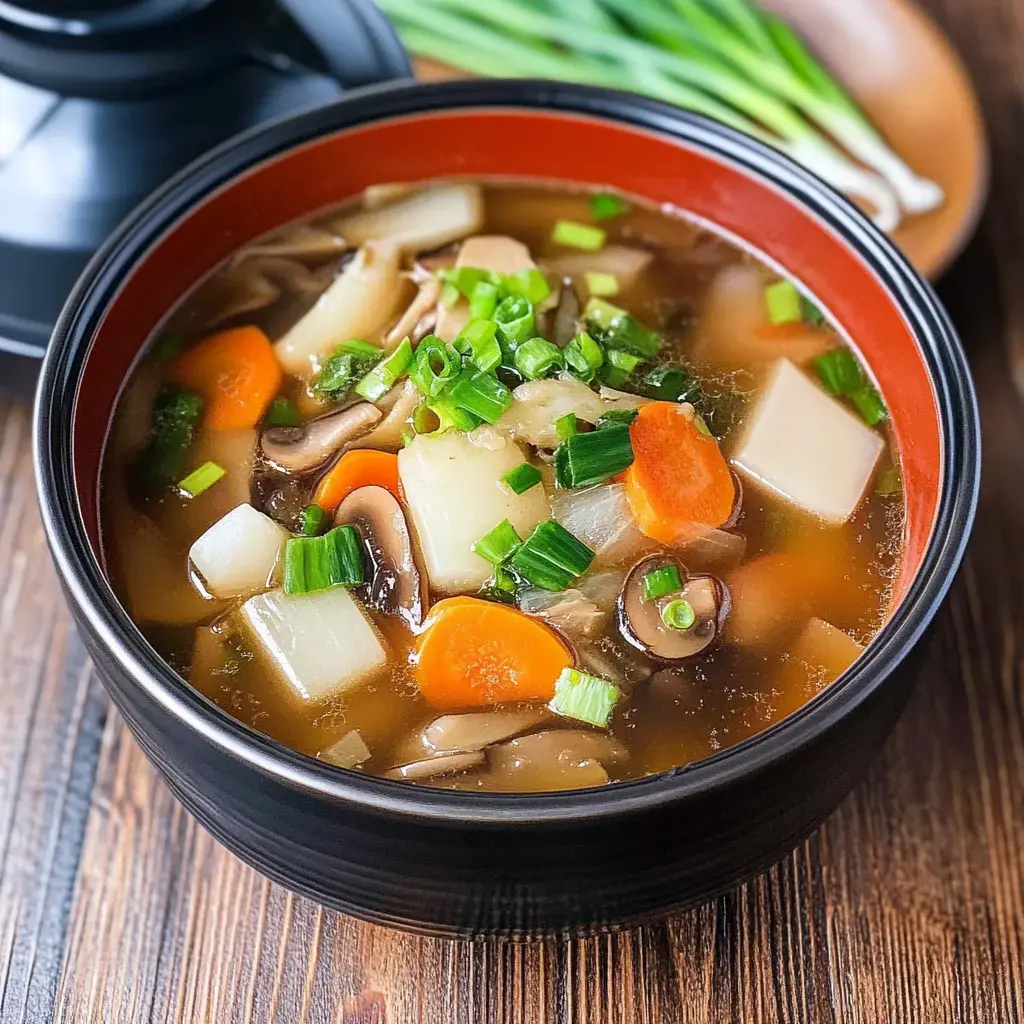 Eine Schüssel Gemüsesuppe mit Karottenwürfeln, Pilzen und Frühlingszwiebeln in klarer Brühe.