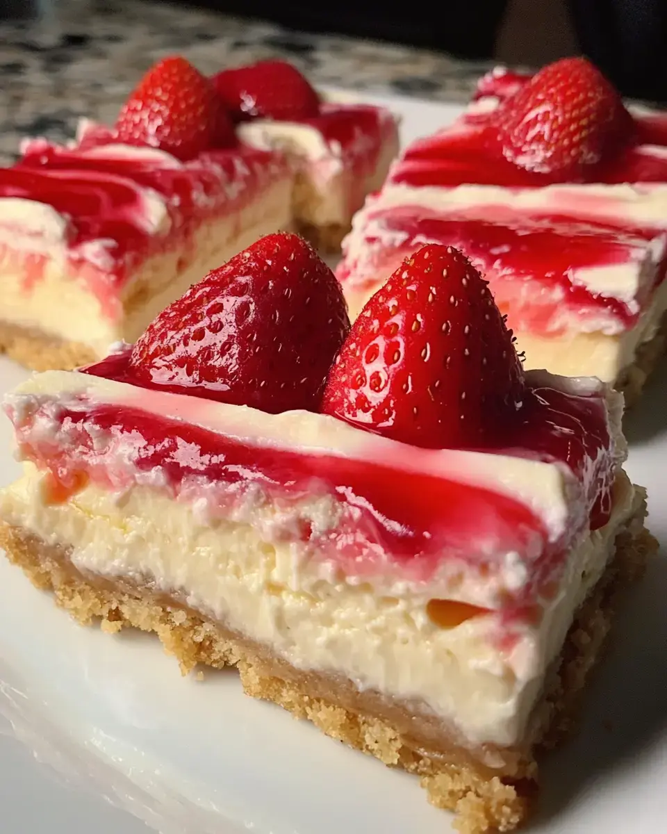 Nahaufnahme von einem cremigen, quadratischen Dessert mit Erdbeeren und glänzend rotem Guss auf einem Keksboden.