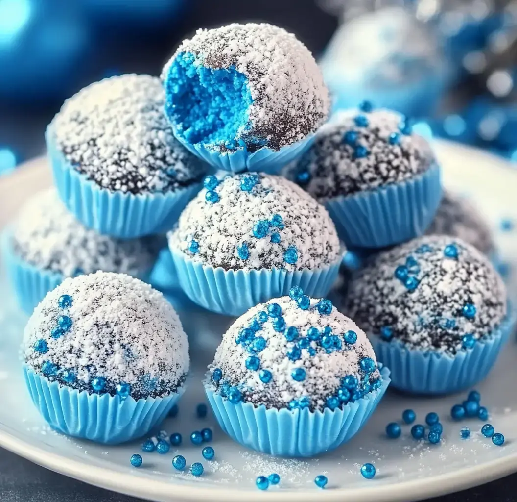 Eine Platte mit Schokoladentrüffeln, bestäubt mit Puderzucker und verziert mit blauen Streuseln. Eine Kugel zeigt das leuchtend blaue Innere.