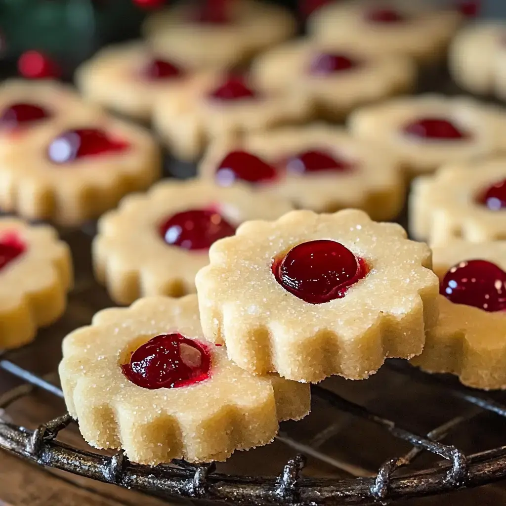 Nahaufnahme eines Kuchengitters voller blumenförmiger Plätzchen mit glänzender, roter Kirschmarmelade darauf.