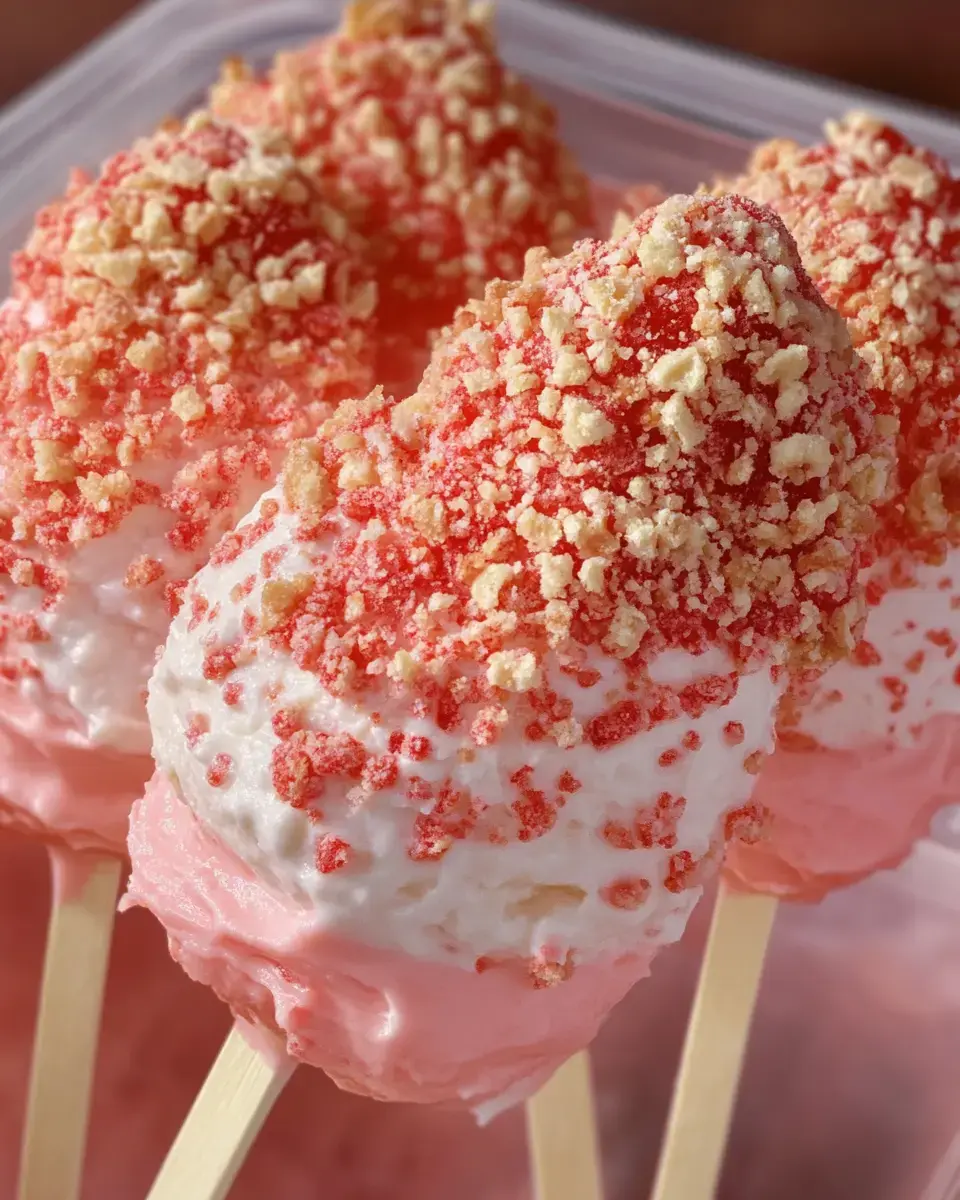 Drei Eis am Stiel mit rosa Glasur und knusprigen roten und weißen Streuseln auf Holzstielen.