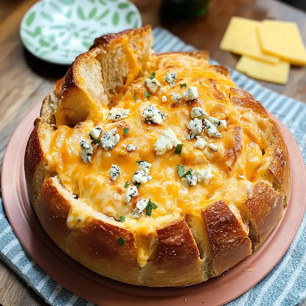 Ein runder Brotlaib, bis oben hin gefüllt mit geschmolzenem Käse, etwas zerbröseltem Blauschimmelkäse und frischen Kräutern, direkt auf einem Teller serviert.