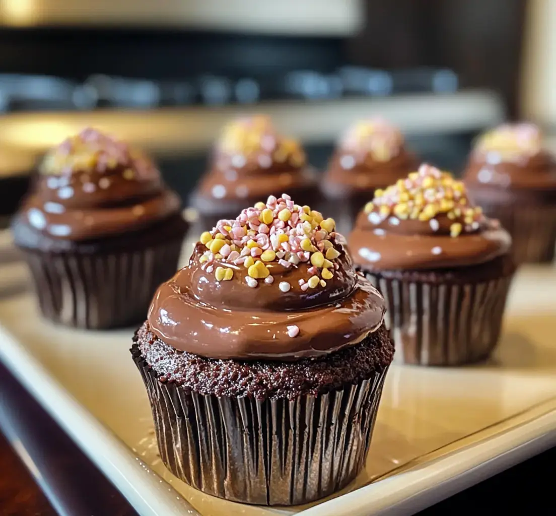 Nahaufnahme von Schoko-Cupcakes mit glänzendem Topping und bunten Streuseln auf einer weißen Platte.
