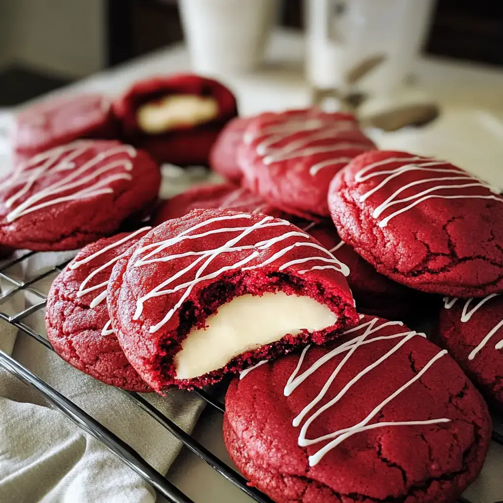 Ein Blech mit Red Velvet Keksen mit Cremefüllung, manche mit weißer Glasur beträufelt, einer mit Biss gezeigt.