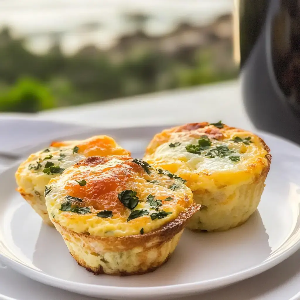 Zwei herzhafte Eiermuffins mit Kräutern obendrauf und goldgelbem Dotter, angerichtet auf weißem Teller vor natürlichem, unscharfem Hintergrund.