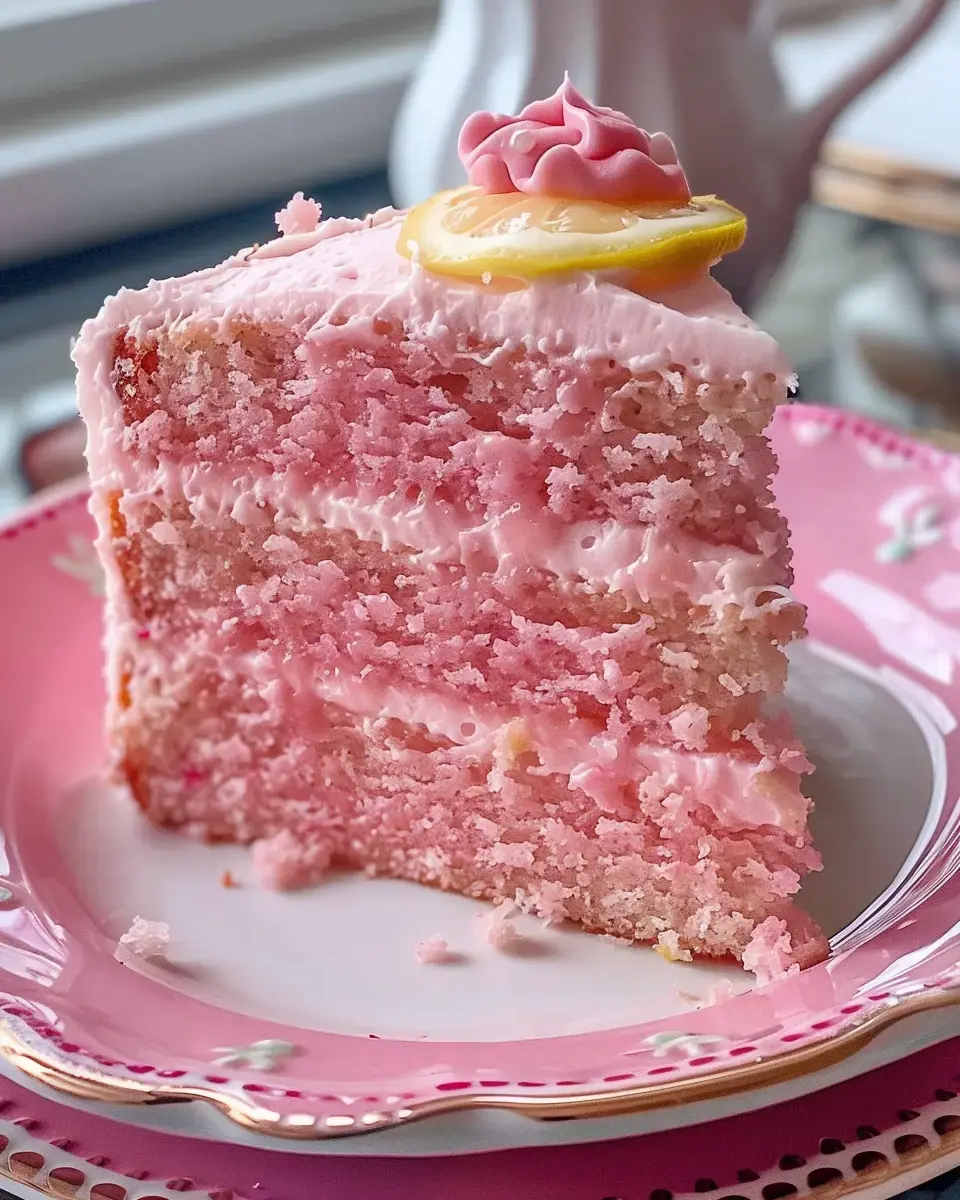 Ein Stück rosa Torte mit cremiger Sahneschicht und Zitronenscheibe oben drauf liegt auf einem hübschen rosa Teller.