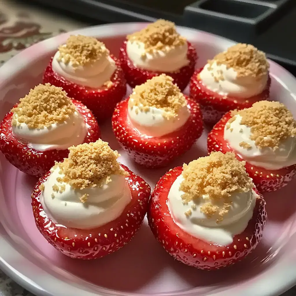 Ein Teller mit Erdbeeren, gekrönt mit Sahne und bestreut mit feinen Keks-Stückchen.