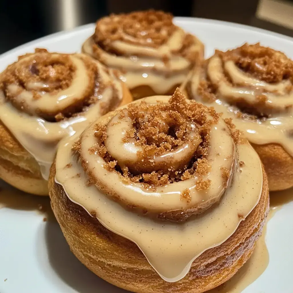 Nahaufnahme von vier Zimtschnecken mit weißer Glasur und braunem Zucker oben drauf.