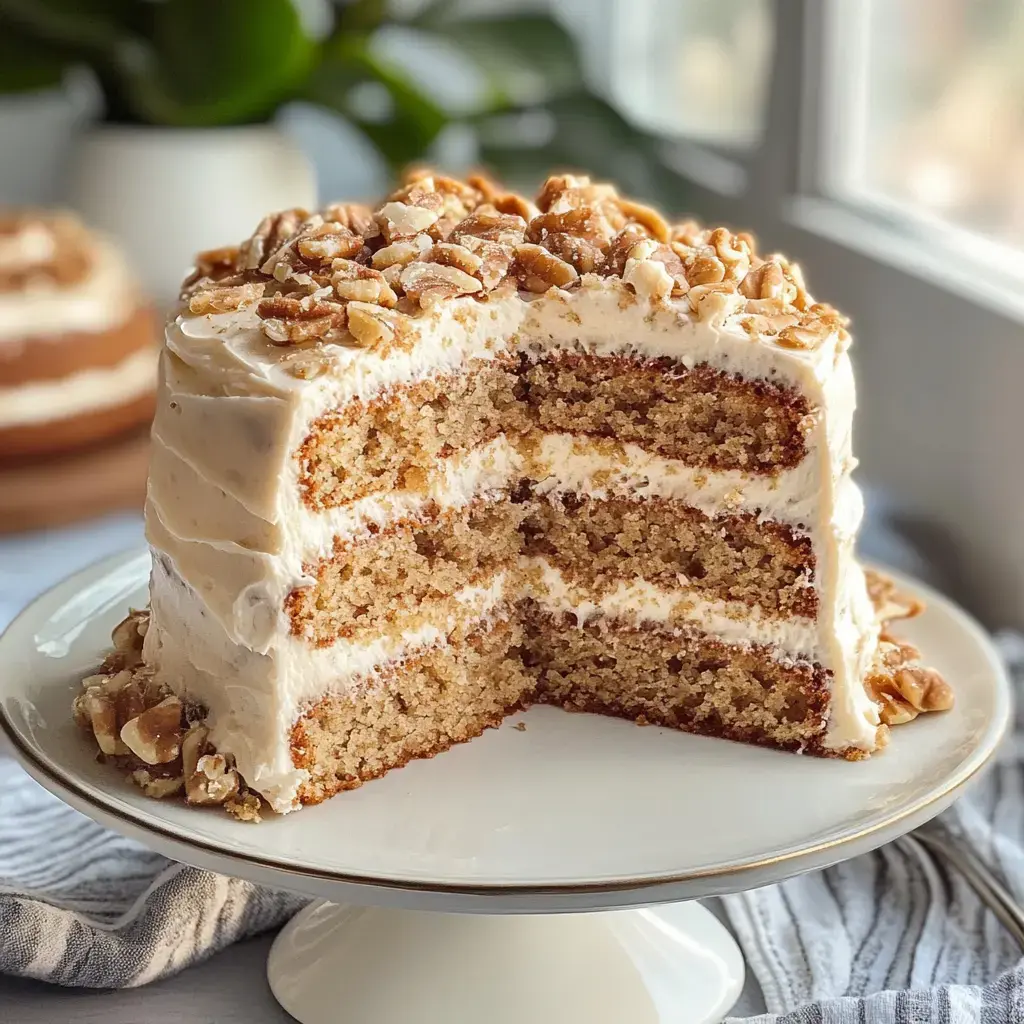 Ein dreistöckiger Kuchen, angeschnitten und mit Frischkäse und gehackten Nüssen verziert, auf einer weißen Kuchenplatte.