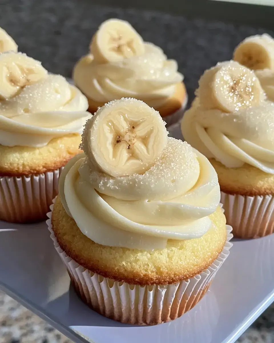 Mehrere hübsch verzierte Cupcakes mit Sahnetopping und Bananenscheiben aus der Nähe gesehen.