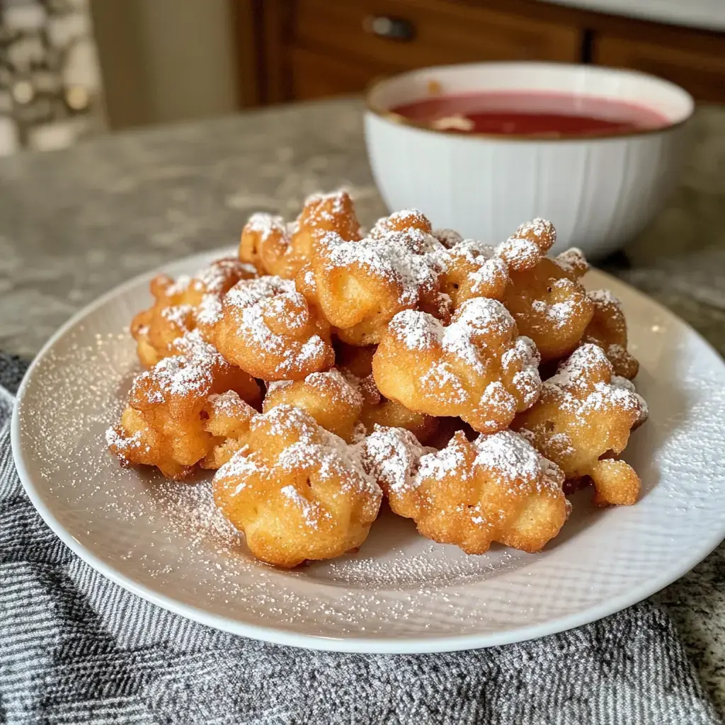 Ein Teller mit gebackenen Teigbällchen, bestäubt mit Puderzucker und dazu eine Schale rote Soße.