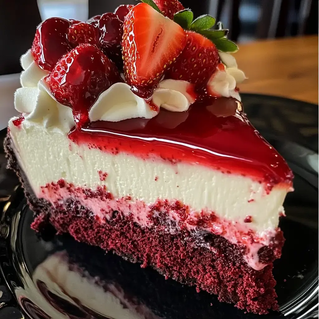 Ein Stück Red Velvet Cheesecake mit frischen Erdbeeren und roter Erdbeersauce auf schwarzem Teller.