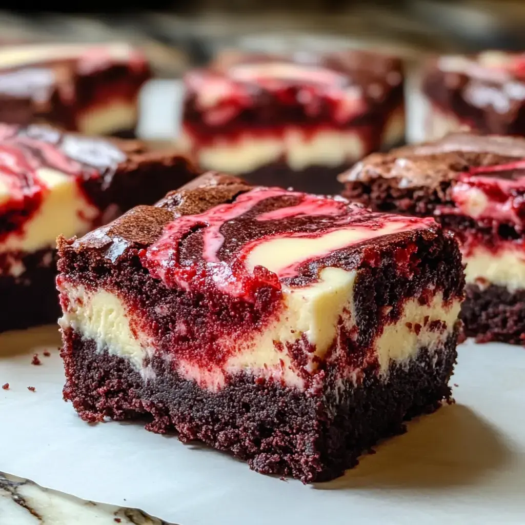 Nahaufnahme von Red Velvet und Frischkäse Brownies mit hübschem Muster und dichten Schichten.