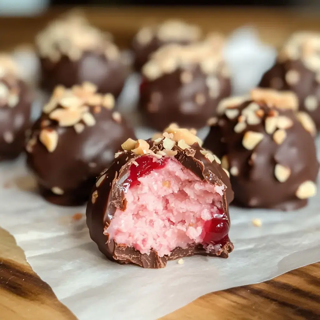 Nahaufnahme von schokolierten Pralinen mit rosa Füllung und Kirschkern, bestreut mit gehackten Nüssen.
