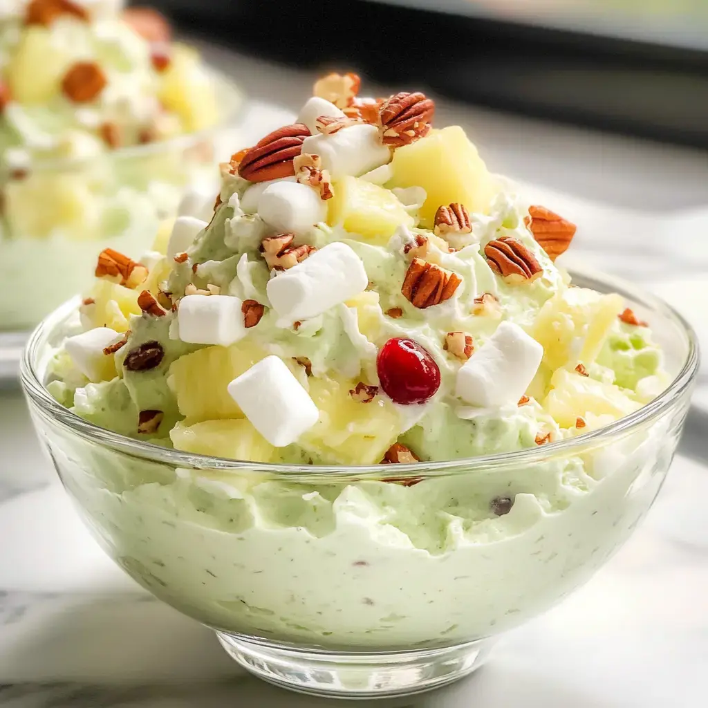 Eine Glasschale mit grünem Dessert, getoppt mit Ananas, Pekannuss-Stücke, Marshmallows und einer Kirsche.