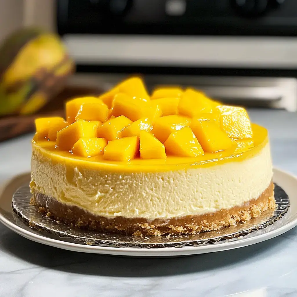 Auf einem Teller steht ein cremiger Käsekuchen, getoppt mit frischer, gewürfelter Mango. Die goldgelbe Glasur und der knusprige Boden sehen super aus.