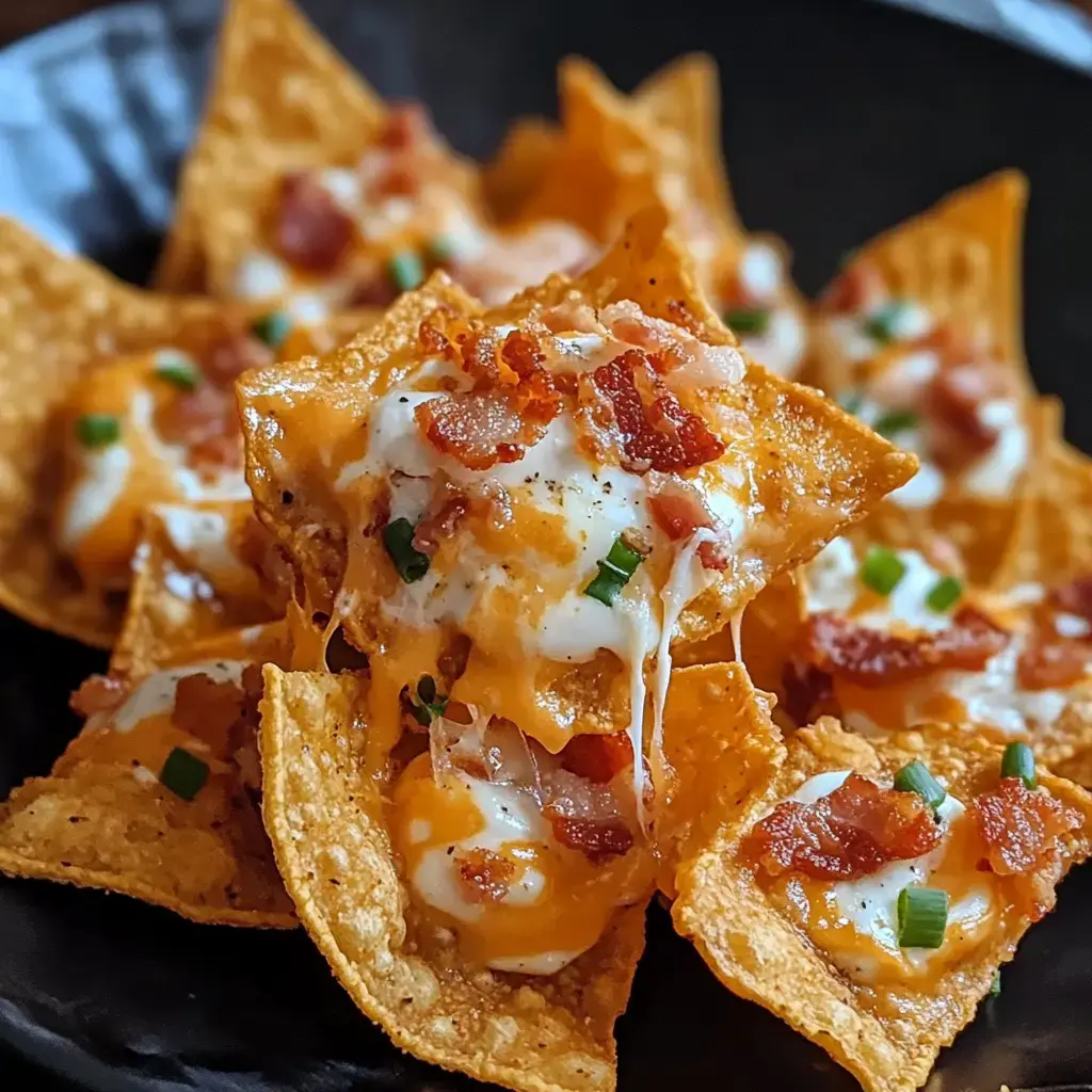 Ein Teller mit frisch gebackenen, käsigen Nachos, obenauf Bacon und grüne Zwiebeln.