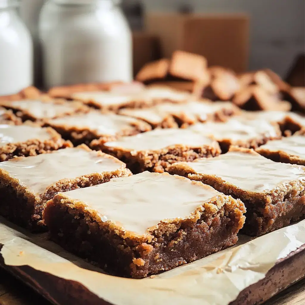 Nahaufnahme von einem Blech voller Brownie-Würfel mit glänzender Glasur obendrauf.