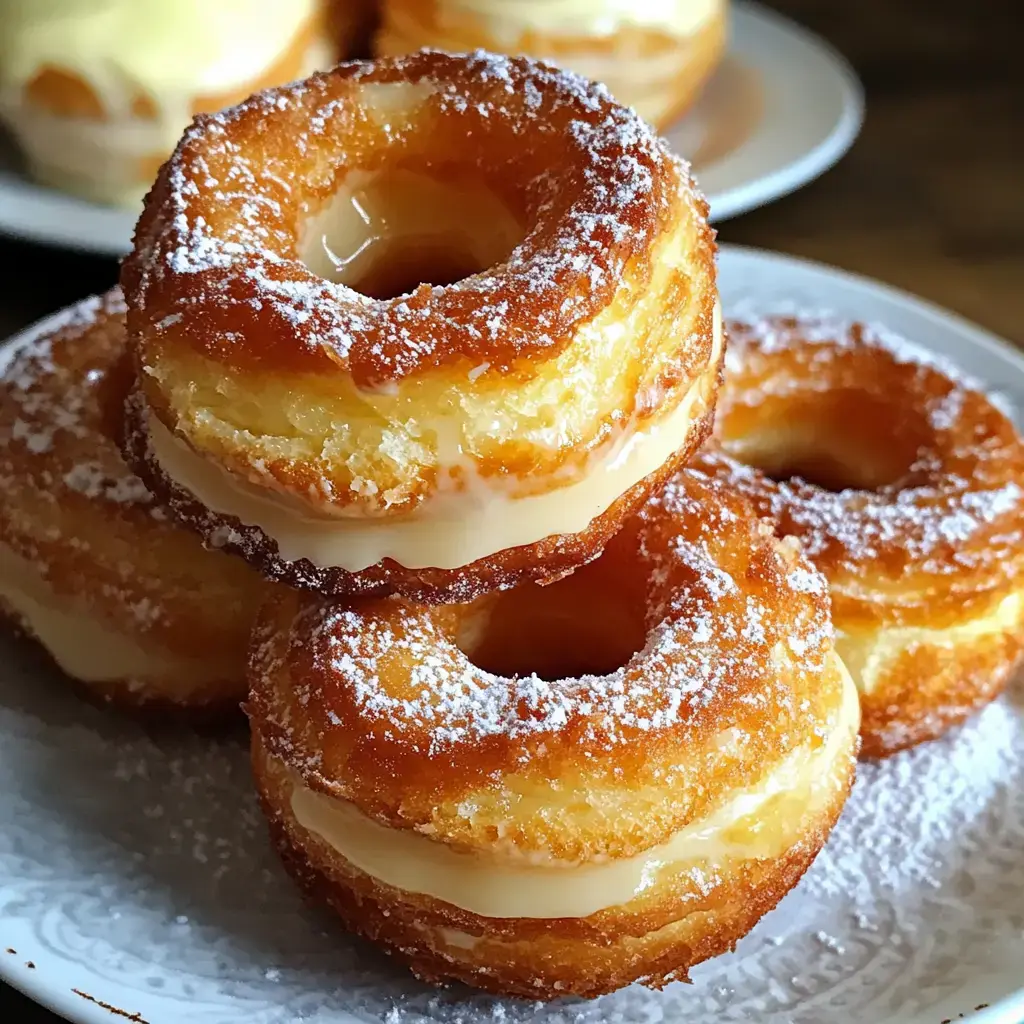 Drei gefüllte, glasierte Donuts mit Puderzucker auf weißem Teller aus der Nähe.