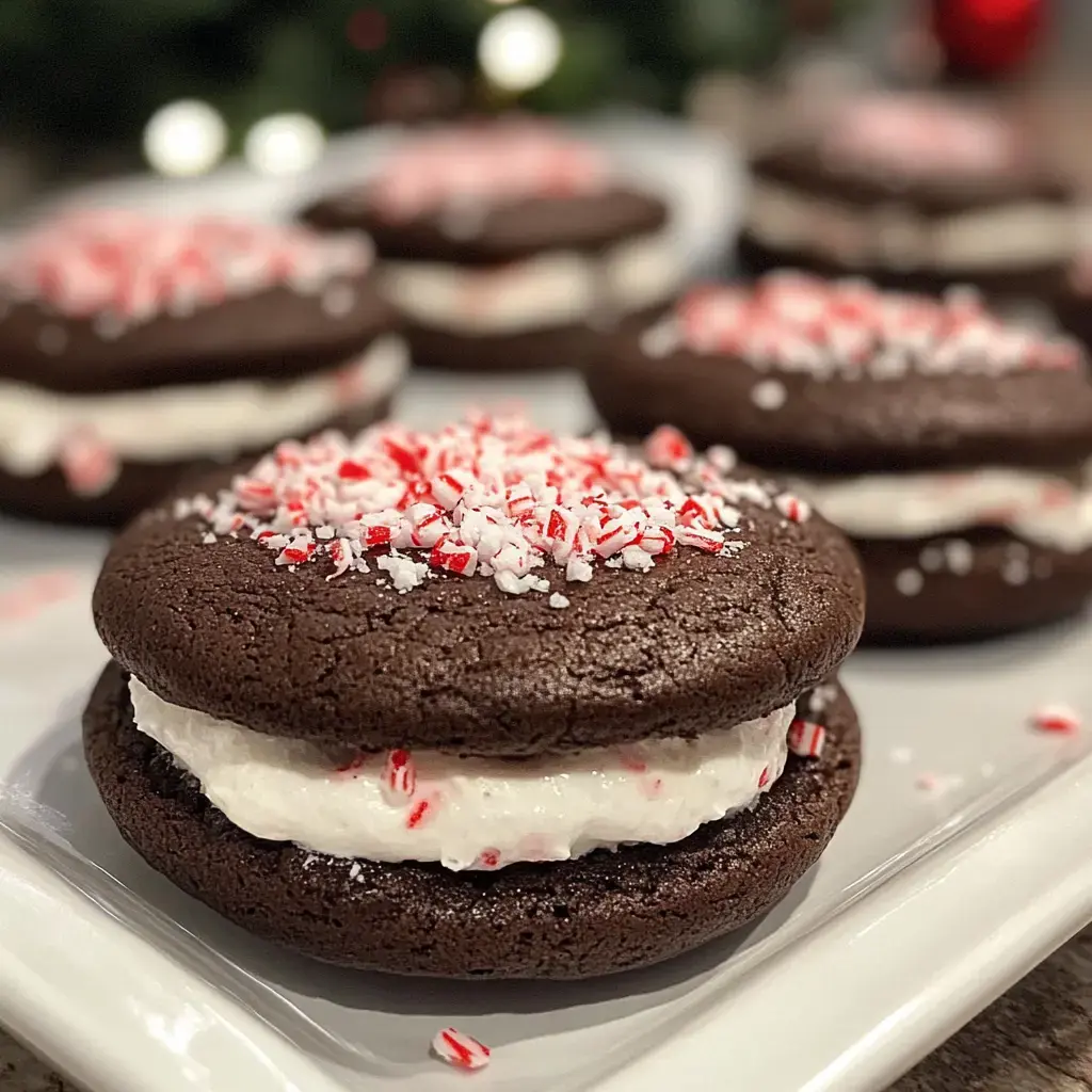 Eine Nahaufnahme von Schokoladen-Whoopies mit weißer Cremefüllung und Zuckerstangen-Topping auf einem hellen Teller.