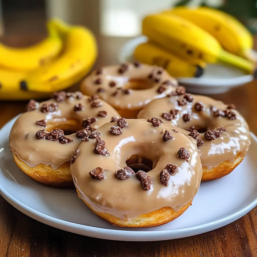 Ein Teller glasierter Donuts mit Schokostreuseln und im Hintergrund ein Bund Bananen.