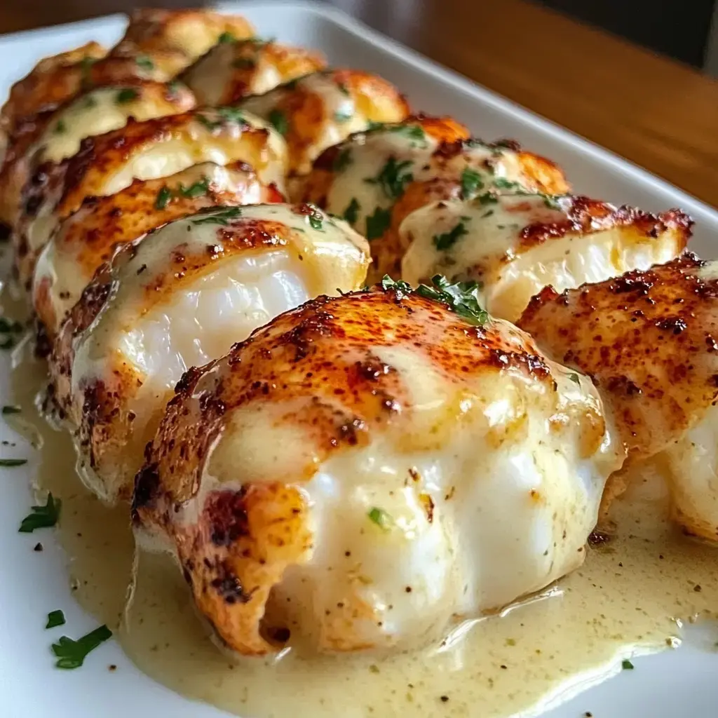 Nahaufnahme von saftigen Lobsterschwänzen mit cremiger Soße, Paprika und Petersilie bestreut.