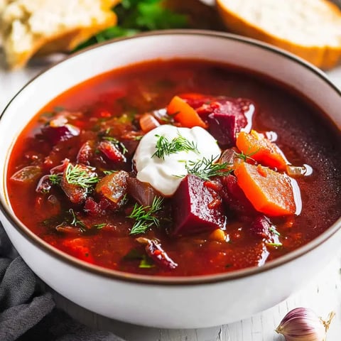 Eine Schüssel leuchtende Rübensuppe garniert mit saurer Sahne und frischem Dill, dazu Brotscheiben und eine Knoblauchzehe.