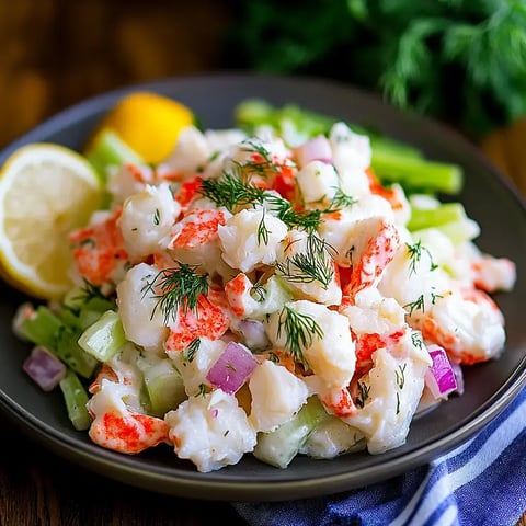 Ein Teller mit Meeresfrüchtesalat aus weißen Fischstücken, Hummer, Sellerie und roten Zwiebeln, garniert mit frischem Dill und Zitronenspalten.