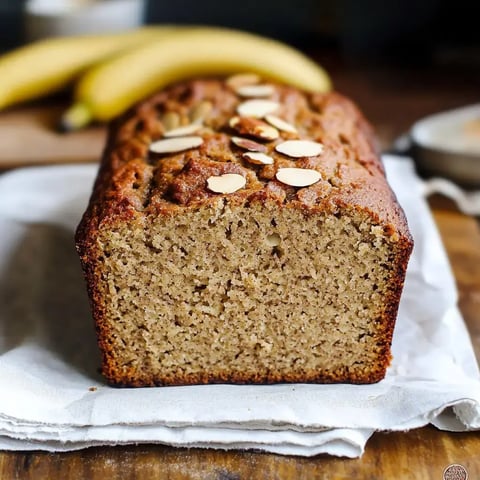 Ein frisch gebackener Bananenbrot-Laib wird auf einem Tuch präsentiert, garniert mit gehackten Mandeln und Bananen im Hintergrund.