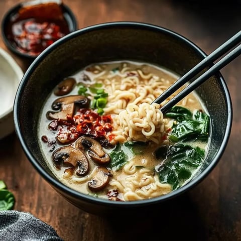 Eine Schüssel Ramen mit Nudeln, Pilzen, Spinat und Chiliflocken, die mit Stäbchen gehalten wird.