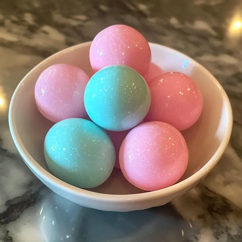 Eine kleine weiße Schüssel gefüllt mit pastellrosa und blauen glänzenden Kugeln, die verspielt angeordnet sind.