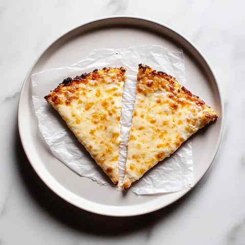 Zwei Stücke Käsepizza auf einem runden Teller, die auf einem Stück Backpapier liegen.