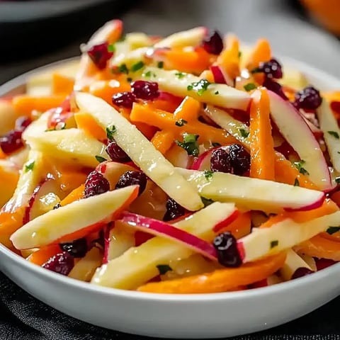 Ein bunter Salat aus geschnittenen Äpfeln, Karotten und Cranberries, garniert mit grünen Kräutern, serviert in einer weißen Schüssel.
