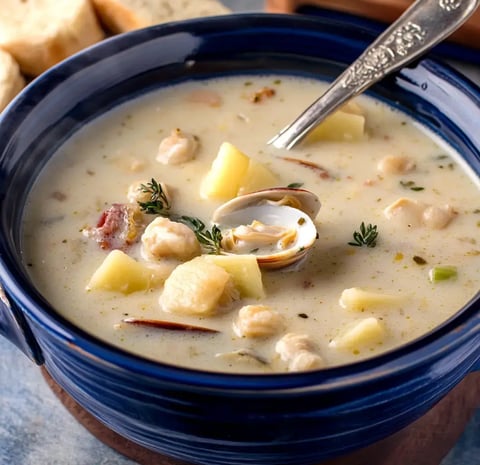 Eine Schüssel cremiger Muschel-Eintopf mit Kartoffeln und Muscheln, garniert mit Thymian, daneben Brotstücke.