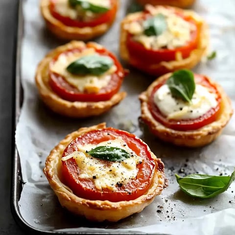 Sechs kleine Tomaten-Käse-Törtchen sind auf einem Backblech angerichtet und mit frischen Basilikumblättern garniert.