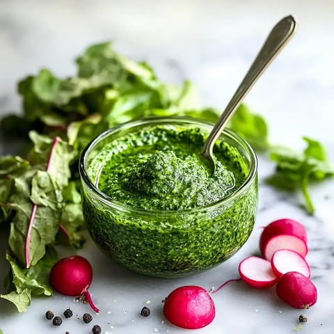 Eine Glasschüssel mit leuchtend grünem Pesto umgeben von frischen Blättern und knallroten Radieschen.