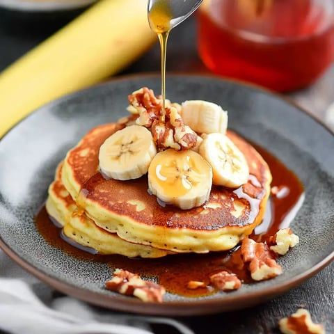 Ein Teller mit drei fluffigen Pfannkuchen, garniert mit Bananenscheiben, gehackten Walnüssen und einem Klecks Sirup.