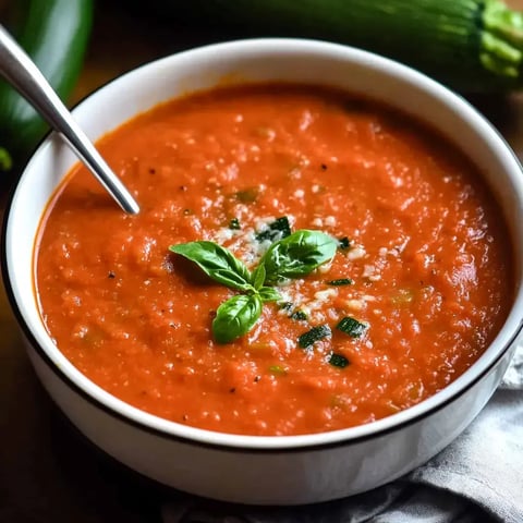 Eine Schüssel rote Suppe mit frischen Basilikumblättern auf einer Holzfläche, mit Zucchini im Hintergrund.