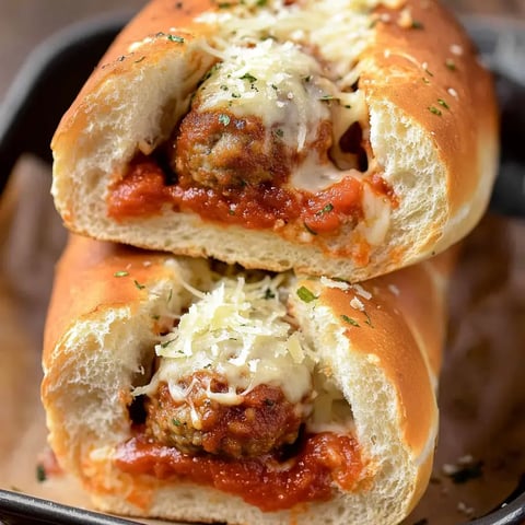Eine Nahaufnahme eines aufgeschnittenen Fleischbällchen-Sandwiches mit Tomatensauce und geschmolzenem Käse.