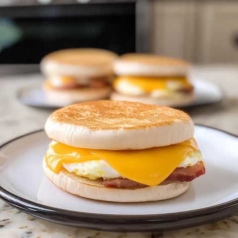 Ein getoastetes Englisches Muffin-Sandwich gefüllt mit Spiegelei, Speck und geschmolzenem Cheddar wird auf einem Teller präsentiert, mit weiteren Sandwiches im Hintergrund.